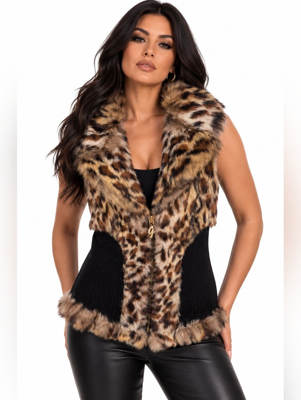 GUESS Y2K Leopard Genuine Rabbit Fur Leopard Print Wool Zip Vest Large